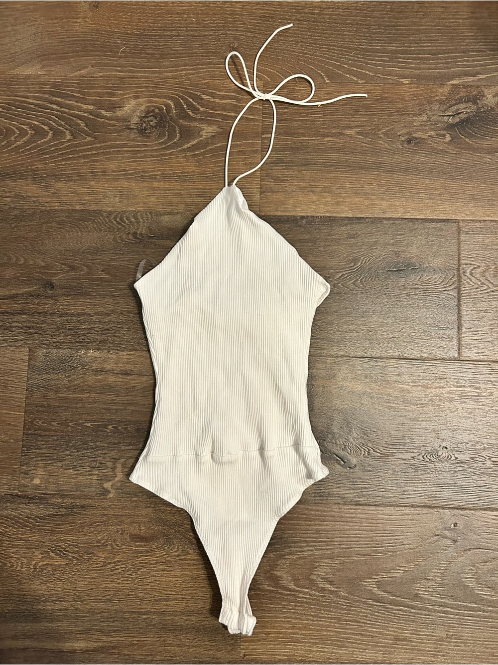 VICI Ribbed Halter Tie-Neck Bodysuit in Cream